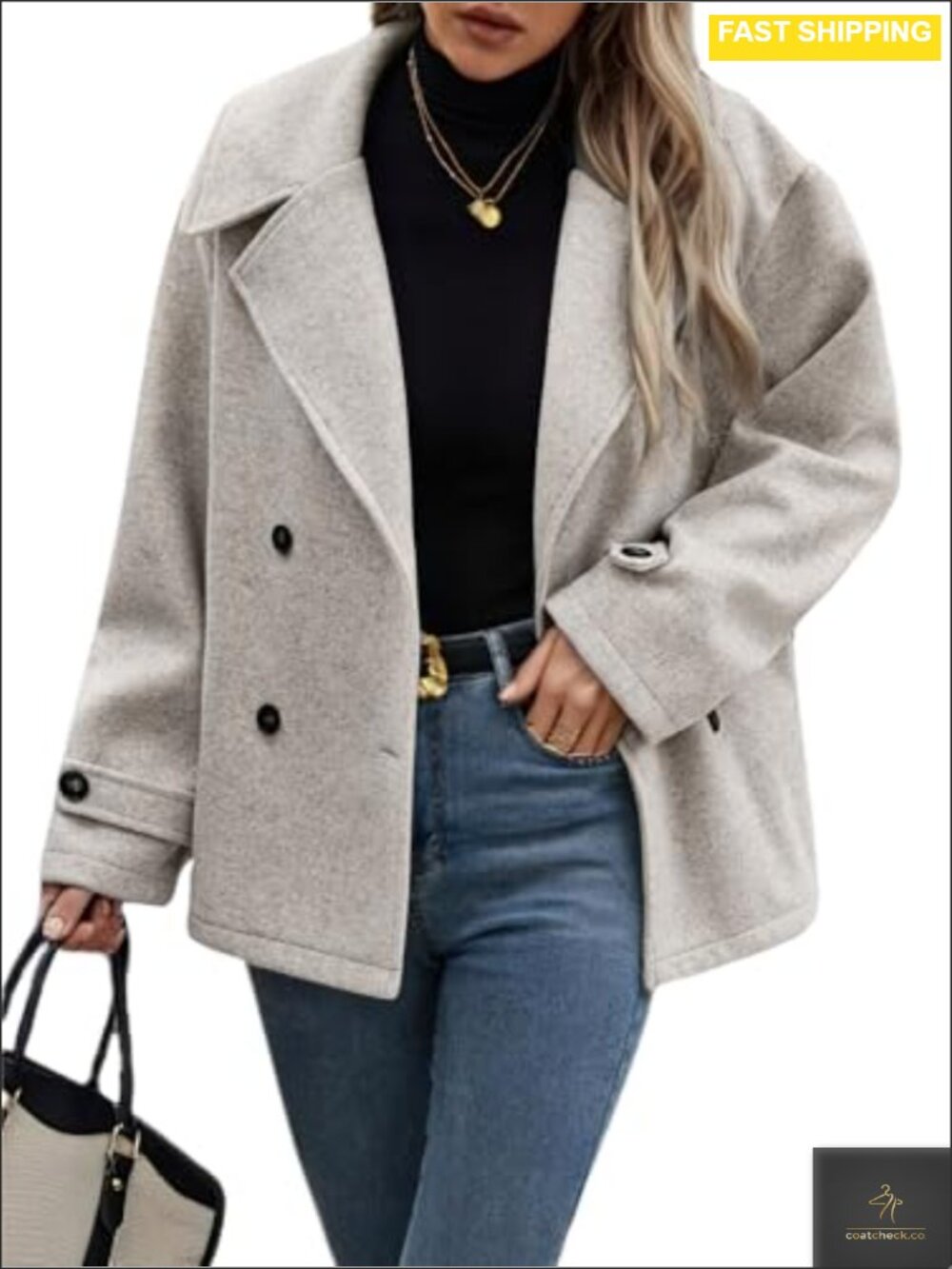 Cropped Wool Blend Pea Coat Button Down Notch Collar Loose Fit Winter Work